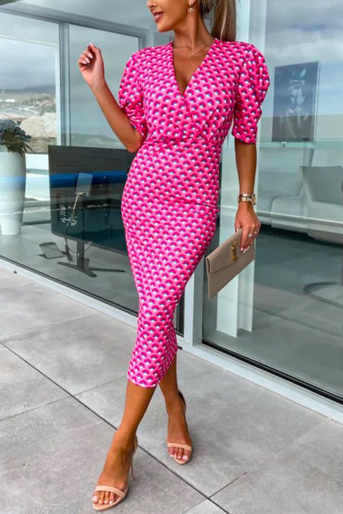 Febedress Wrap V Neck Puff Sleeves Printed Midi Bodycon Dress