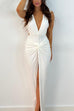 Febedress Deep V Neck Backless Ruched Twist Front Slit Maxi Dress