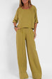 Febedress Round Neck 3/4 Sleeves Pullovers Wide Leg Pants Cotton Linen Set