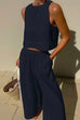 Febedress Solid Crewneck Crop Tank Top Elastic Waist Wide Leg Pants Set