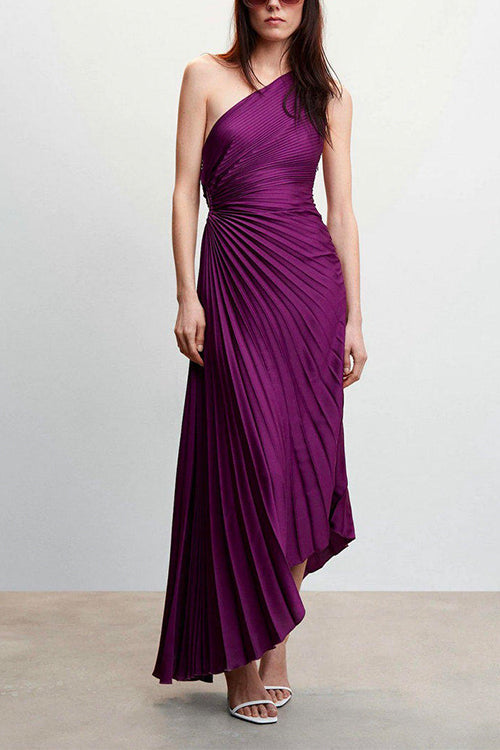 Febedress Sleeveless One Shoulder Cut Out Maxi Pleated Party Dress