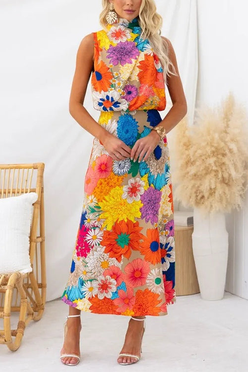 Febedress Sleeveless Tie Neck Waisted Floral Print Maxi Dress