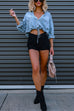 Febedress Long Sleeves Drawstring Hem Cropped Denim Shirt