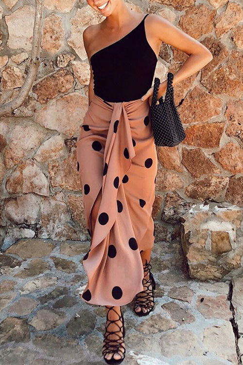 Febedress Drape Front Slit Ruched Polka Dot Skirts