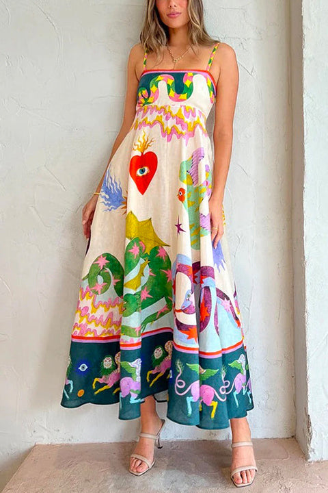 Febedress High Waist Cartoon Printed Swing Maxi Cami Dress