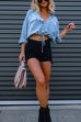 Febedress Long Sleeves Drawstring Hem Cropped Denim Shirt