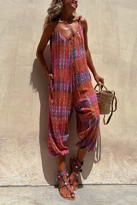 Febedress V Neck Tie Shoulder Pockets Tie Dye Cami Jumpsuit