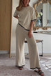 Febedress Color Block Short Sleeves Side Split Pullover Wide Leg Pants Knitting Loungewear Set