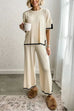 Febedress Color Block Short Sleeves Side Split Pullover Wide Leg Pants Knitting Loungewear Set