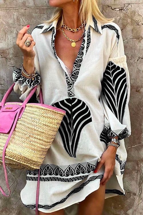 Febedress Lapel V Neck Long Sleeve Printed Shirt Dress