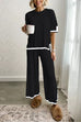 Febedress Color Block Short Sleeves Side Split Pullover Wide Leg Pants Knitting Loungewear Set