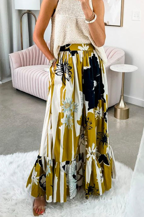 High Waist Printed Ruffle Swing Maxi Skirt