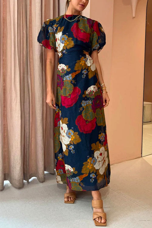 Febedress Puff Sleeve Cut Out Waist Floral Maxi Swing Dress