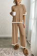 Febedress Color Block Short Sleeves Side Split Pullover Wide Leg Pants Knitting Loungewear Set