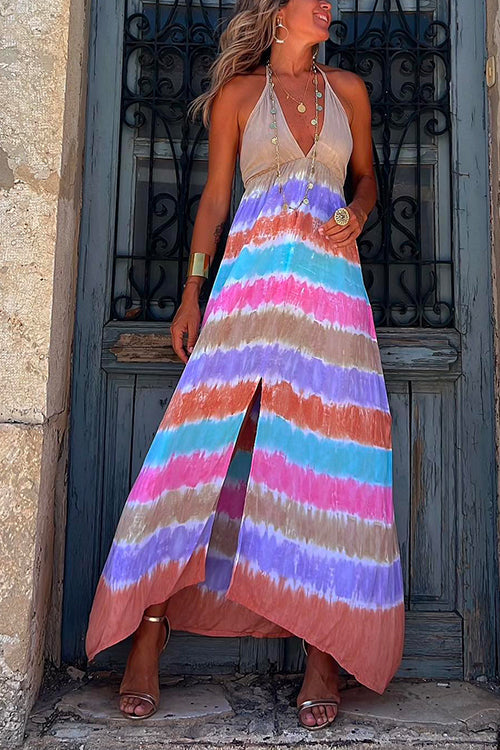 Febedress Halter Deep V Neck Slit Tie Dye Maxi Cami Dress