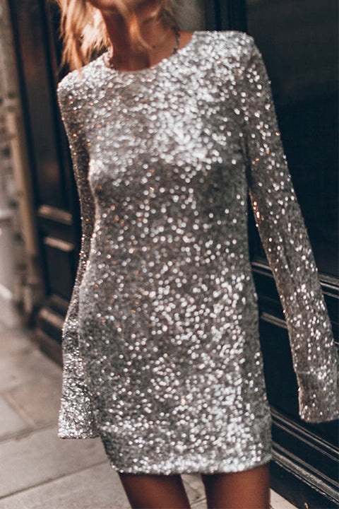 Slit Long Sleeves Back Cut Out Sequin Mini Dress