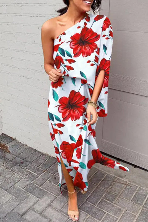 Febedress One Shoulder Waisted Side Split Printed Dress