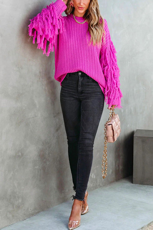 Febedress Crewneck Tassel Long Sleeve Loose Sweater