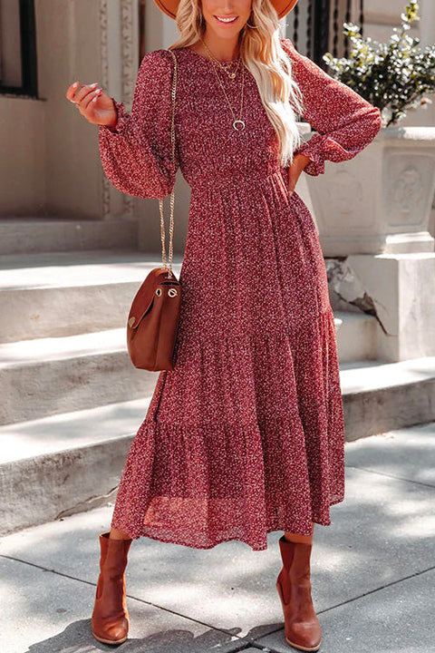 Febedress Long Sleeve Waisted Printed Swing Dress