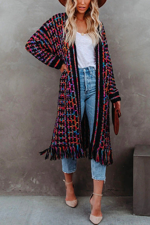 Febedress Tassel Open Front Multi-colored Print Knit Cardigans