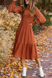 Febedress Crewneck Frill Smocked Lantern Sleeve Swing Dress