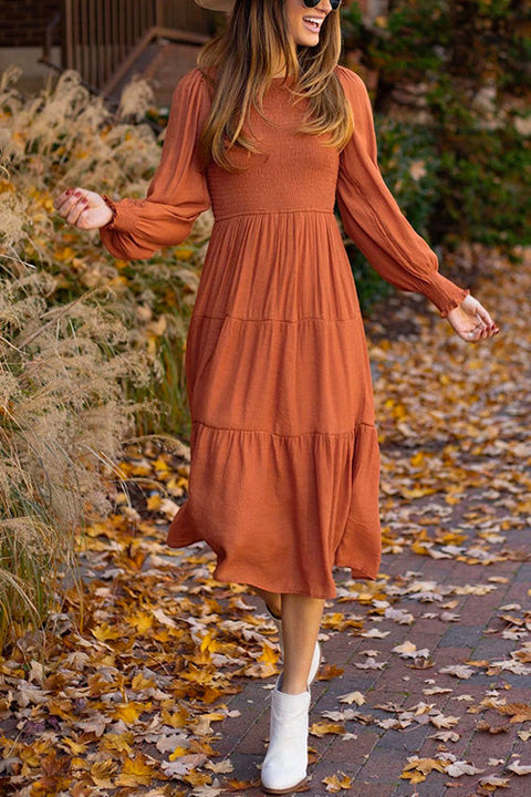 Febedress Crewneck Frill Smocked Lantern Sleeve Swing Dress