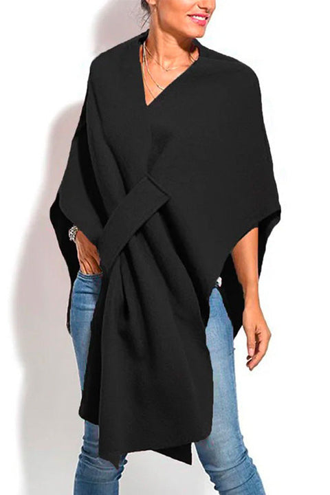 Febedress Solid V Neck Wrapped Batwing Cloak Sweater