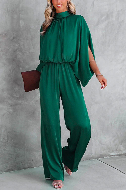 Febedress Stand Collar Slit Sleeve Waisted Wide Leg Jumpsuit