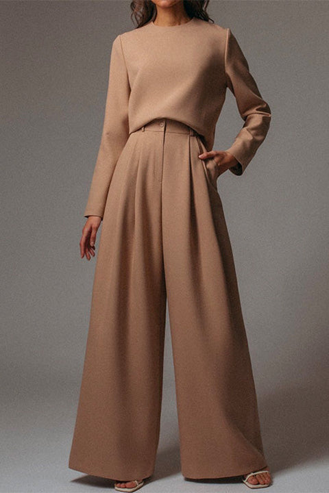 Febedress Crewneck Long Sleeve Pullover and Wide Leg Pants Solid Set