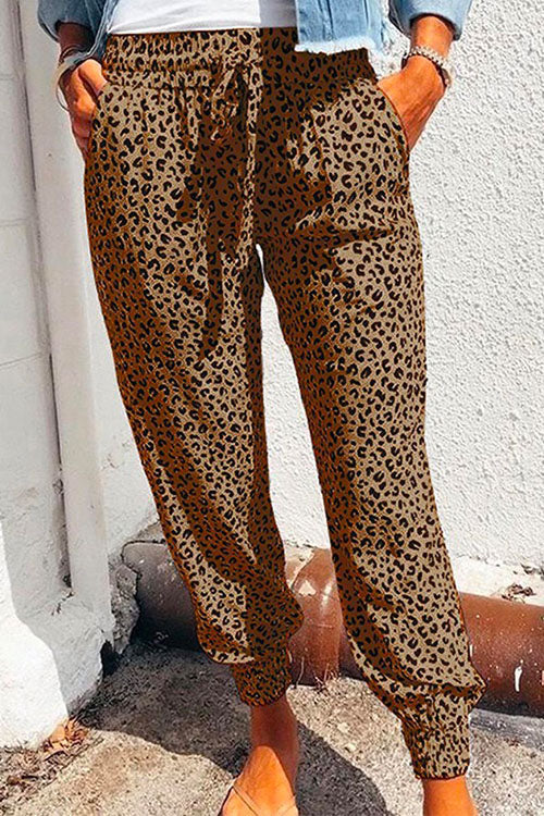 Febedress Casual Tie Waist Leopard Joggers Pants with Pockets