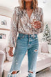 Febedress Stylish V Neck Long Sleeve Sequin Splice Top