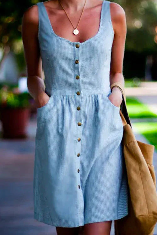 Febedress Buttons U Neck Sleeveless Striped Dress with Pockets