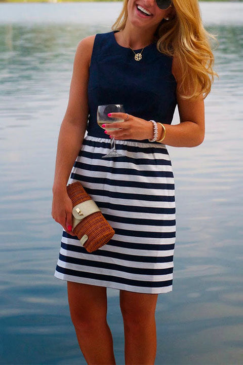 Febedress Casual Crewneck Sleeveless Stripes Dress