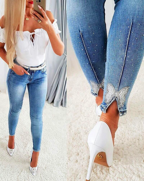 Febedress Beaded Butterfly Distressed Skinny Denim Pants