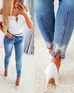 Febedress Beaded Butterfly Distressed Skinny Denim Pants