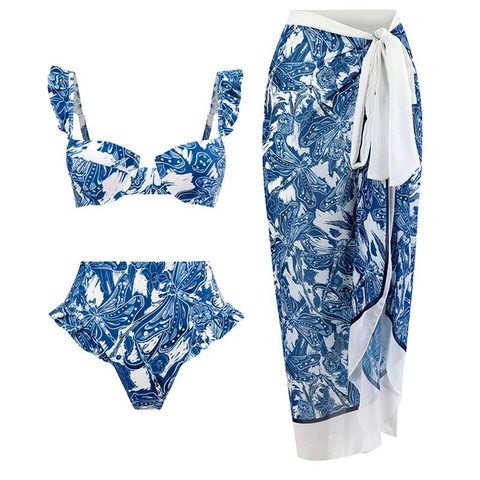 Febedress Ruffle Trim Two-Piece Swimwear and Wrap Cover Up Skirt Print Set