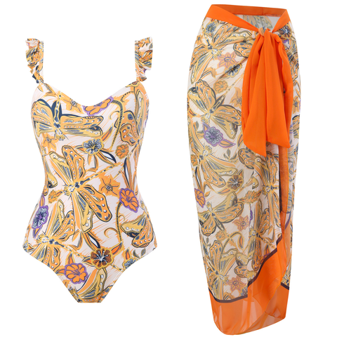 Febedress Dragonfly Print Ruffle One-piece Swimsuit and Wrap Cover Up Skirt Set