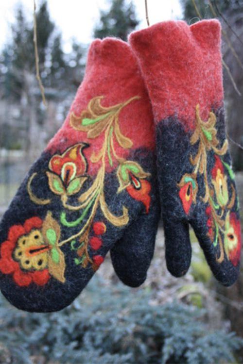 Febedress Christmas Gift Flower Embroidery Mittens