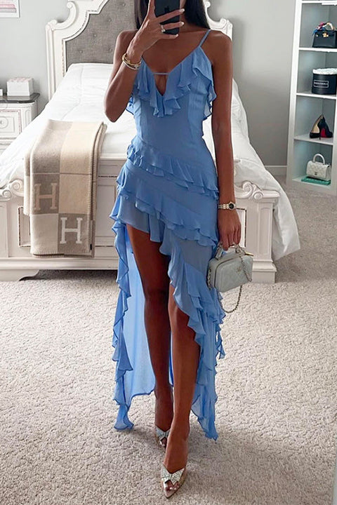 Febedress V Neck Ruffle Trim High Low Hem Party Cami Dress