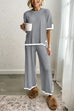 Febedress Color Block Short Sleeves Side Split Pullover Wide Leg Pants Knitting Loungewear Set