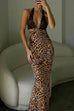 Febedress Backless V Neck Lace Splice Printed Maxi Bodycon Dress