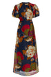 Febedress Puff Sleeve Cut Out Waist Floral Maxi Swing Dress