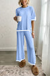 Febedress Color Block Short Sleeves Side Split Pullover Wide Leg Pants Knitting Loungewear Set