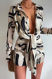 Febedress Lapel Long Sleeve Tie Knot Front Printed Mini Dress