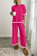 Febedress Color Block Short Sleeves Side Split Pullover Wide Leg Pants Knitting Loungewear Set