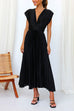 Febedress Deep V Neck Waisted Maxi Pleated Swing Dress