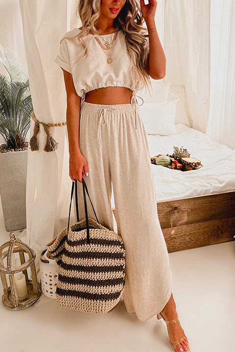 Febedress Drawstring Hem Crop Top Wide Leg Pants Loungewear Set