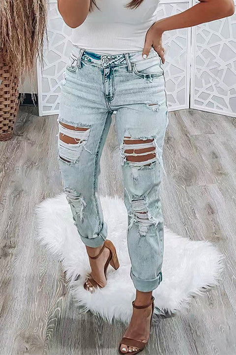 Febedress Distressed High Rise Ripped Boyfriend Denim Pants