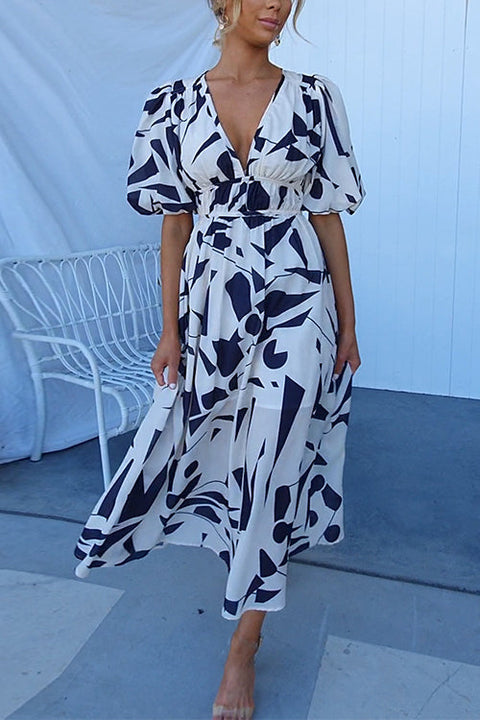 Febedress V Neck Puff Sleeves Printed Maxi Flowy Dress