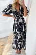 Febedress V Neck Puff Sleeves Printed Maxi Flowy Dress